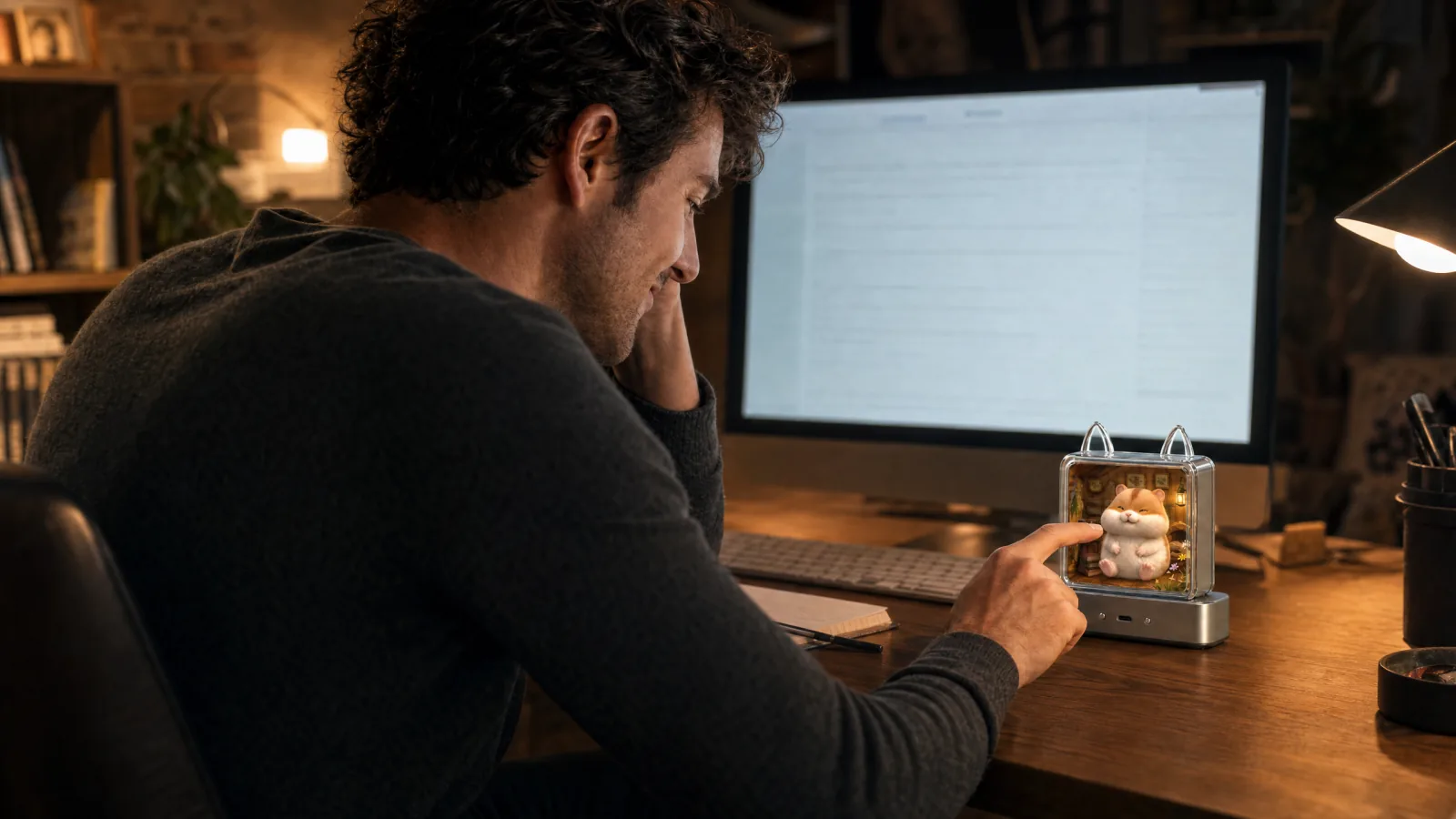 Working late at night, a man reaches out to play with Linki on his desk