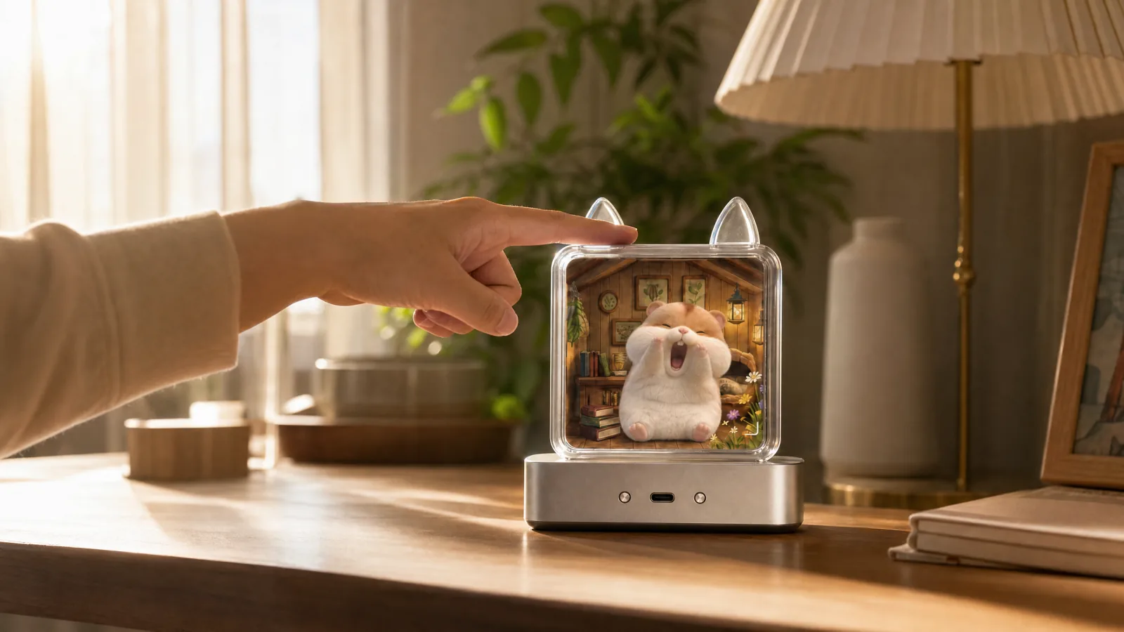 A user gently touches Linki and the on-screen hamster wakes in response